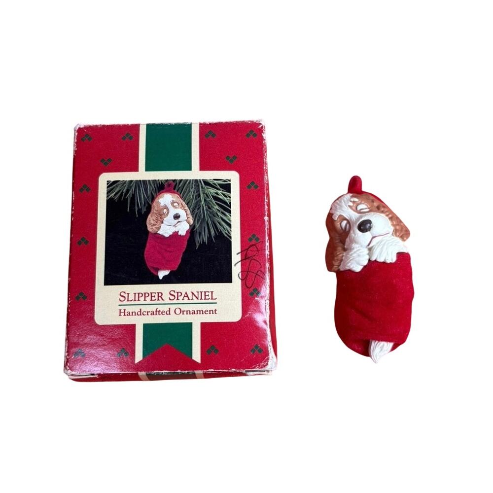VTG 88 Hallmark Holiday Christmas Ornament with Box- Slipper Spaniel Dog Red